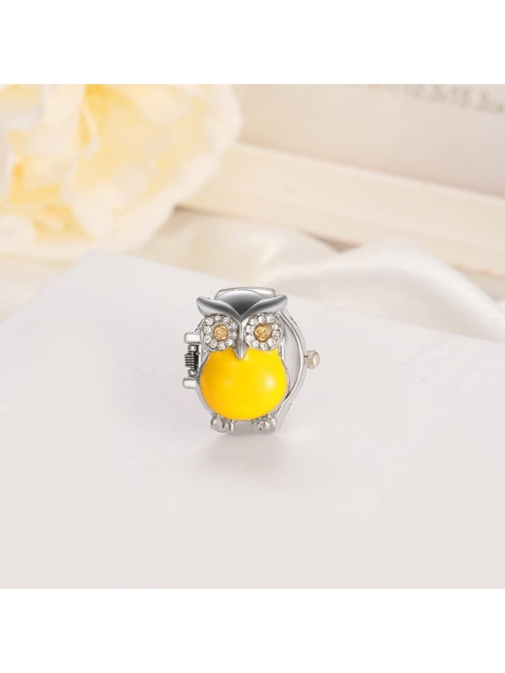 Unisex Yellow Analog Quartz Stylish Owl Flip-Open Cover Adjustable Ring Watch - Picture 5 of 7